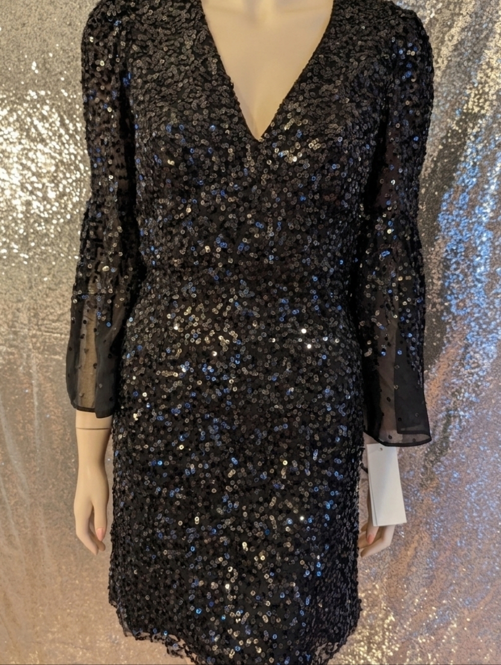 NWT French Connection Black Sequin Mini Dress - Bell Sleeve - Size 10